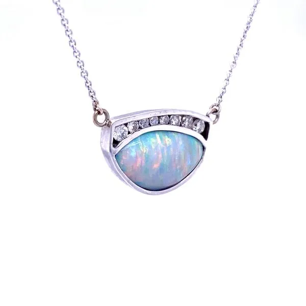 Opal and Diamond Crescent Pendant Image 2 Biondi Diamond Jewelers Aurora, CO