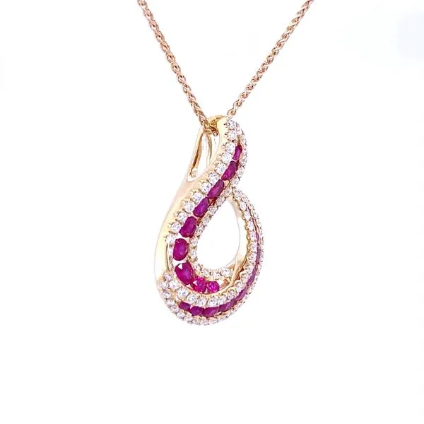 14K Yellow Gold Ruby and Diamond Teardrop Pendant Image 2 Biondi Diamond Jewelers Aurora, CO
