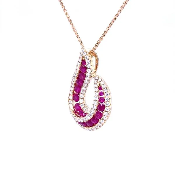 14K Yellow Gold Ruby and Diamond Teardrop Pendant Image 3 Biondi Diamond Jewelers Aurora, CO
