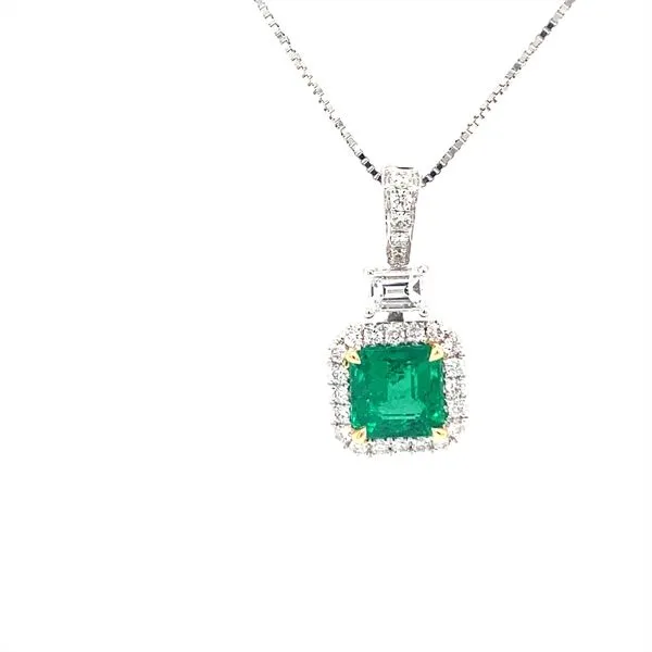 18K White and Yellow Gold Emerald Halo Pendant Biondi Diamond Jewelers Aurora, CO