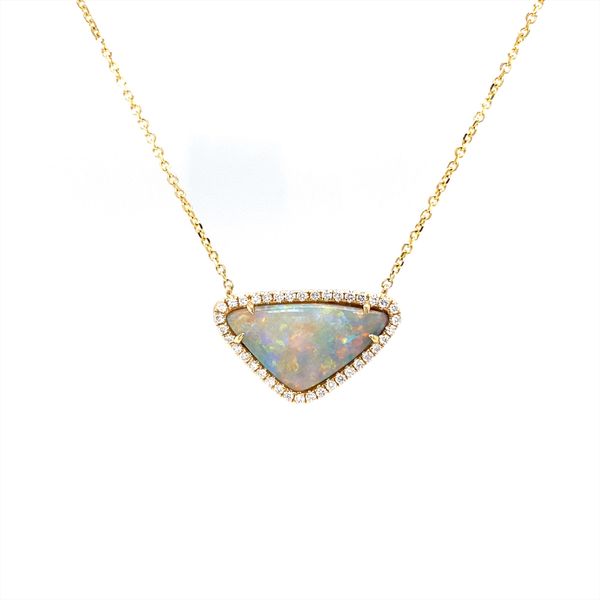 14K Yellow Gold Australian Black Opal and Diamond Necklace Biondi Diamond Jewelers Aurora, CO