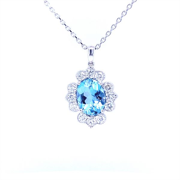 18K White Gold Aquamarine and Diamond Floral Pendant Biondi Diamond Jewelers Aurora, CO