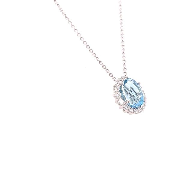 18K White Gold Aquamarine and Diamond Halo Necklace Image 3 Biondi Diamond Jewelers Aurora, CO