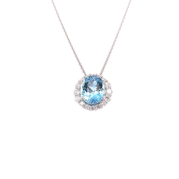 18K White Gold Aquamarine and Diamond Halo Necklace Biondi Diamond Jewelers Aurora, CO