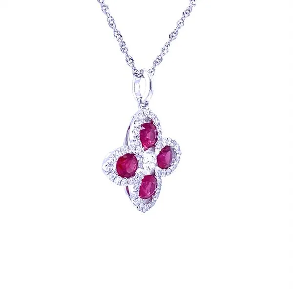 18K White Gold Ruby and Diamond Floral Necklace Image 2 Biondi Diamond Jewelers Aurora, CO