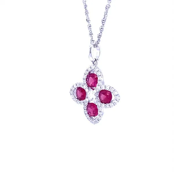 18K White Gold Ruby and Diamond Floral Necklace Image 3 Biondi Diamond Jewelers Aurora, CO