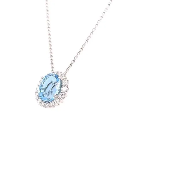 18K White Gold Aquamarine and Diamond Halo Necklace Image 2 Biondi Diamond Jewelers Aurora, CO