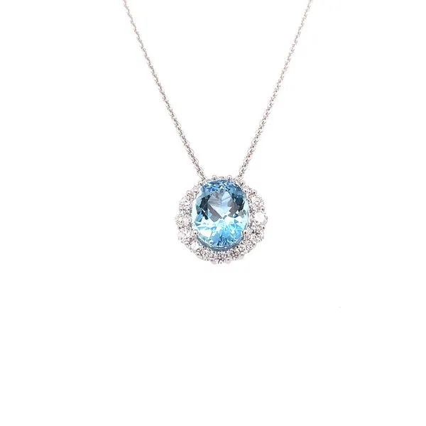 18K White Gold Aquamarine and Diamond Halo Necklace Biondi Diamond Jewelers Aurora, CO
