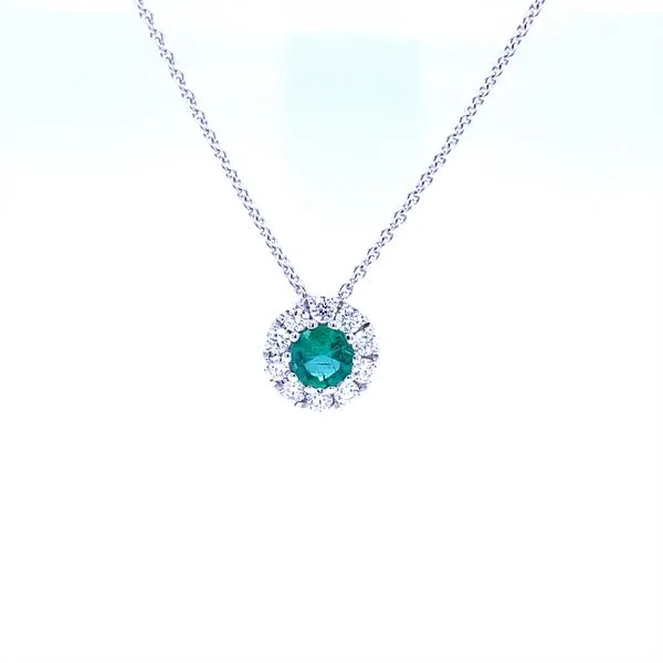 18K White Gold Emerald and Diamond Halo Necklace Biondi Diamond Jewelers Aurora, CO