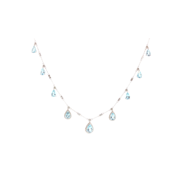14K White Gold Aquamarine and Diamond Station Necklace Biondi Diamond Jewelers Aurora, CO