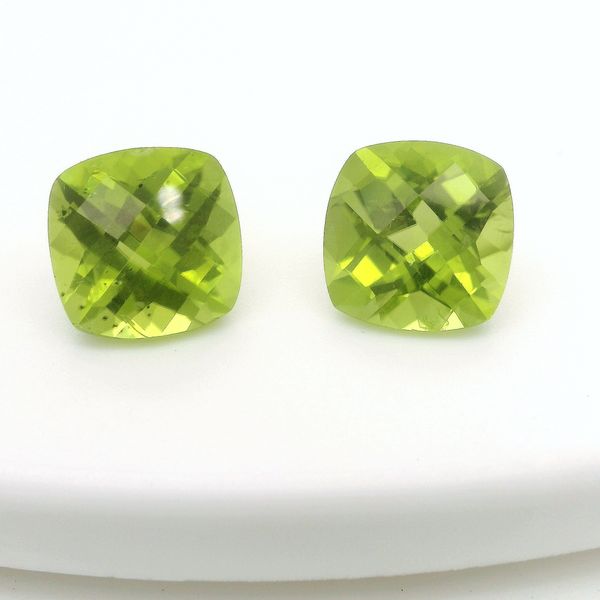10.09 Carat Total Weight Cushion Peridot Pair Loose Gemstones Biondi Diamond Jewelers Aurora, CO