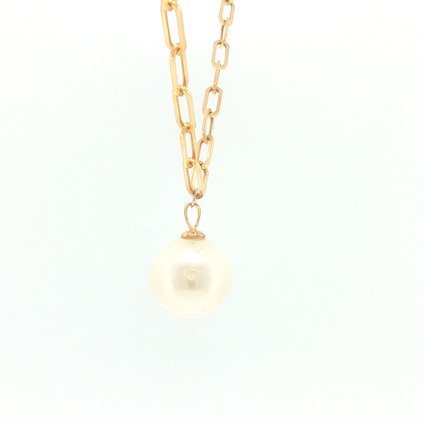 14K Yellow Gold Paperclip Necklace with 13-14mm Freshwater Pearl Image 2 Biondi Diamond Jewelers Aurora, CO