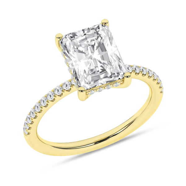 14K YG 3.07ct Radiant Lab Grown Diamond Engagment Ring with Hidden Halo, F, VS, Size 7, 3.3ctw Blocher Jewelers Ellwood City, PA