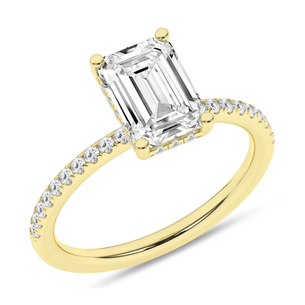 14K YG 2.59ct Emerald Cut Lab Grown Diamond Hidden Halo Engagement Ring, Size 7, 2.85ctw, E/F, VS Blocher Jewelers Ellwood City, PA