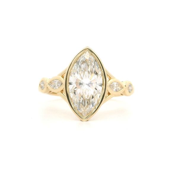 14K YG 2.09ct Marquise Cut Lab Grown Bezel Set Engagment Ring with 0.20ctw Marquise and Round Accents Blocher Jewelers Ellwood City, PA