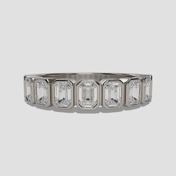 14kt White Gold Bezel Set 9 Stone Emerald Cut Diamond Band Blocher Jewelers Ellwood City, PA