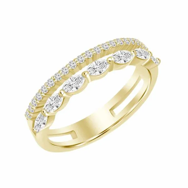 18K Yellow Gold 2 Row Wedding Band with a Row of Round Diamonds and a Row of Marquise Diamonds, 0.55ctw, Size 6.5 Blocher Jewelers Ellwood City, PA