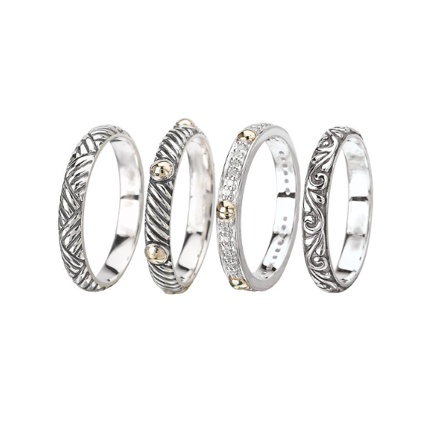 18K Yellow Gold And Sterling Silver Stackable Ring Set. (3 Are Oxidized, One With Diamonds,. D, .15Ctw, Size 7 Blocher Jewelers Ellwood City, PA