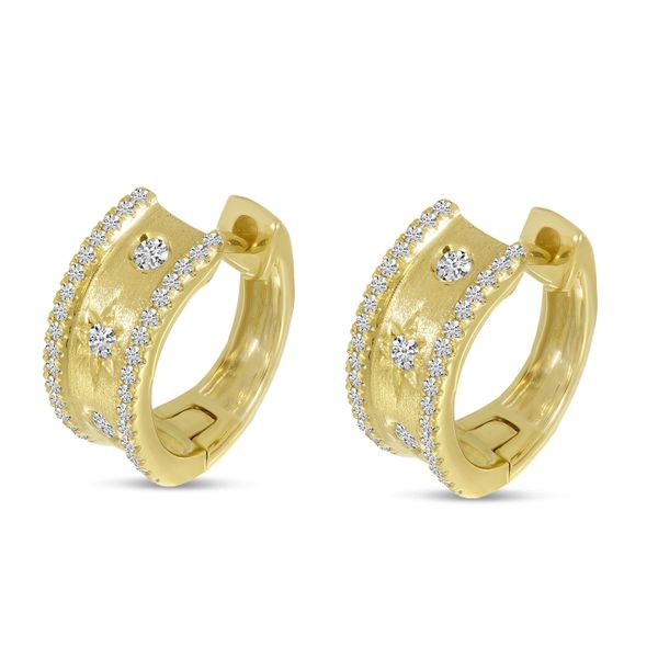 14K Yellow Gold 3-Diamond Celestial Brushed Gold Huggie Earrings Blocher Jewelers Ellwood City, PA