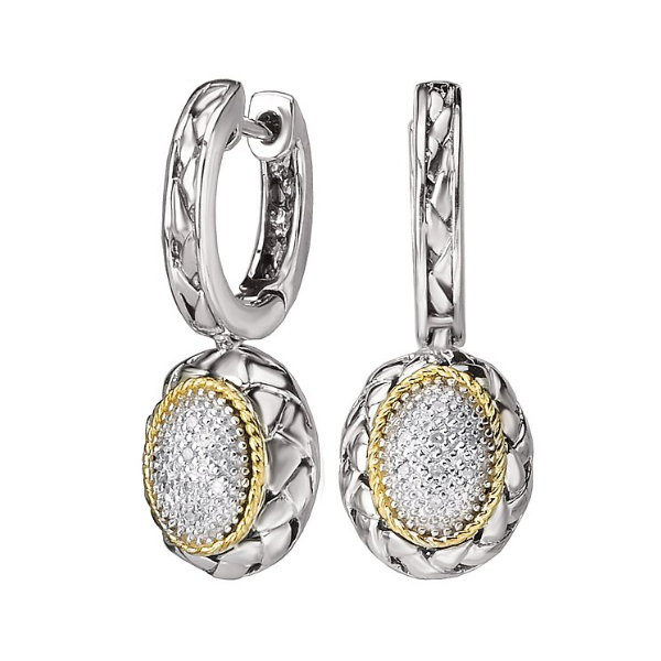 Oxidized Braided Sterling Silver Dangle Hoop Earrings with 0.05ctw Pave' Diamonds and 18kt Yellow Gold Accents Blocher Jewelers Ellwood City, PA