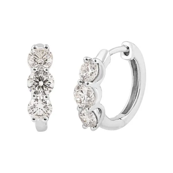 14K White Gold 3ctw Lab Grown Diamond 3-Stone Huggie Hoops Blocher Jewelers Ellwood City, PA