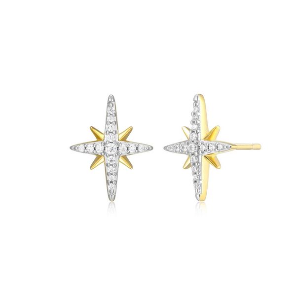 Cardinal Points Stud 1/8ctw Lab Grown Diamond Earrings in 14K Yellow Gold-Plated Sterling Silver, G/H, SI, 13mm Blocher Jewelers Ellwood City, PA