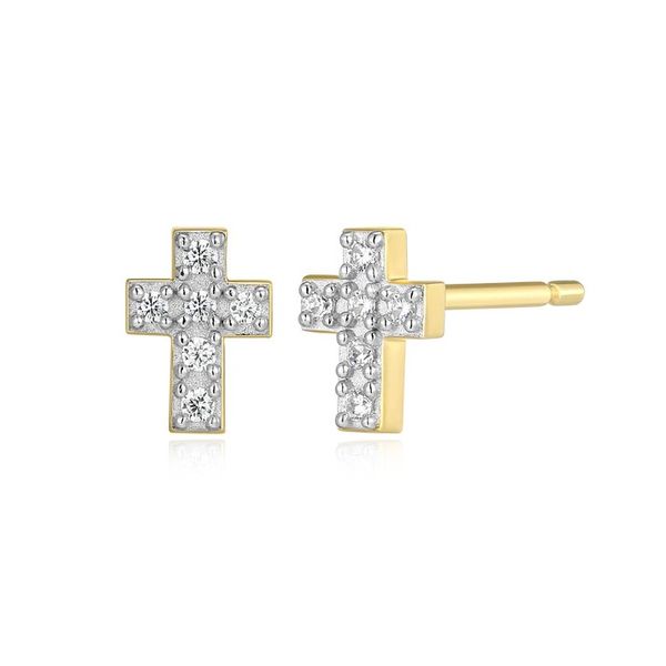 Petite Pave Cross 1/20ctw Lab-Created Diamond Stud Earrings in 14K Gold & Rhodium-Plated Sterling Silver, G/H, SI, Height 5.8mm Blocher Jewelers Ellwood City, PA
