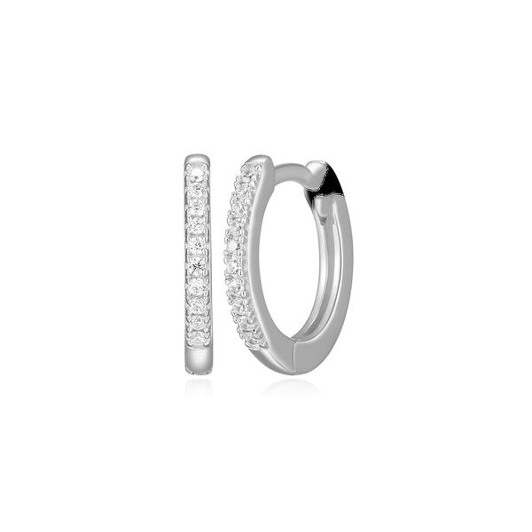 Single Row Hoop Earrings in Rhodium-Plated Sterling Silver, 12.5mm x12.5mm, 1/10ct, G-H, SI Blocher Jewelers Ellwood City, PA
