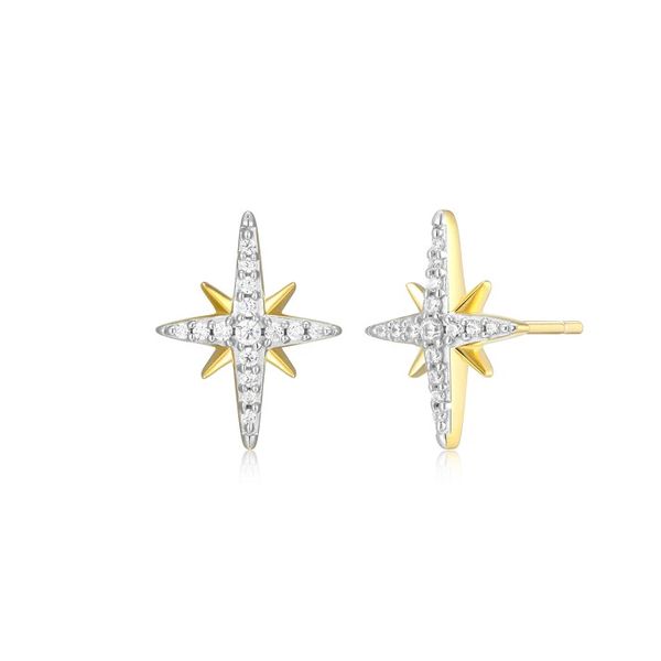 Cardinal Points Stud 1/8ctw Lab Grown Diamond Earrings in 14K Yellow Gold-Plated Sterling Silver, G/H, SI, 13mm Blocher Jewelers Ellwood City, PA
