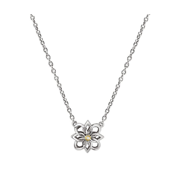 Flower Design Necklace in Sterling Silver with 18kt Yellow Gold Accents. (D .007 carat total weight) Necklace is Adjustable 16-18 with a Lobster Clasp Blocher Jewelers Ellwood City, PA