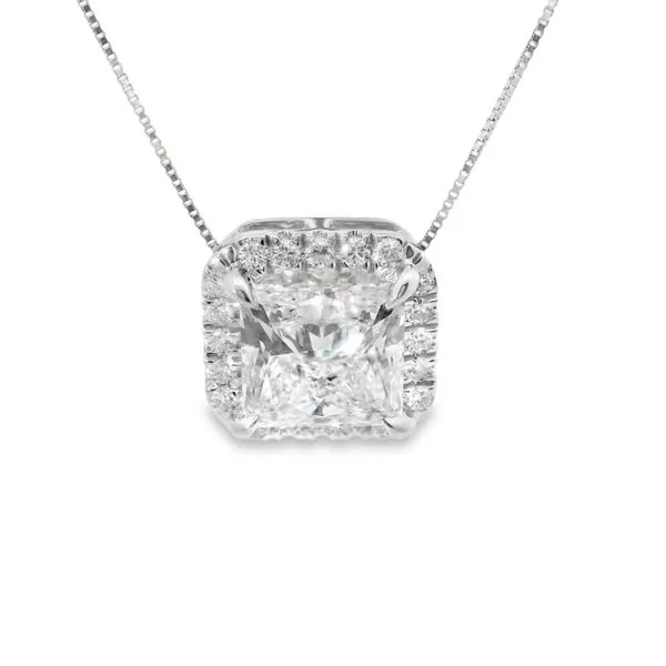 14K White Gold Lab Grown Diamond Princess Halo Necklace with 21 Diamonds = 3.27Tw Blocher Jewelers Ellwood City, PA