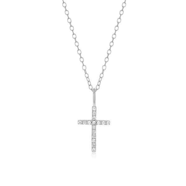 Lab Grown Diamond Cross Pendant Necklace in Rhodium-Plated Sterling Silver, 16