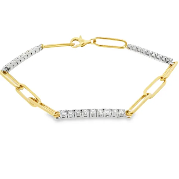 14K Yellow Gold Paperclip Chain Bracelet with 3 White Gold Diamond Tennis Stations 0.82Tw Blocher Jewelers Ellwood City, PA