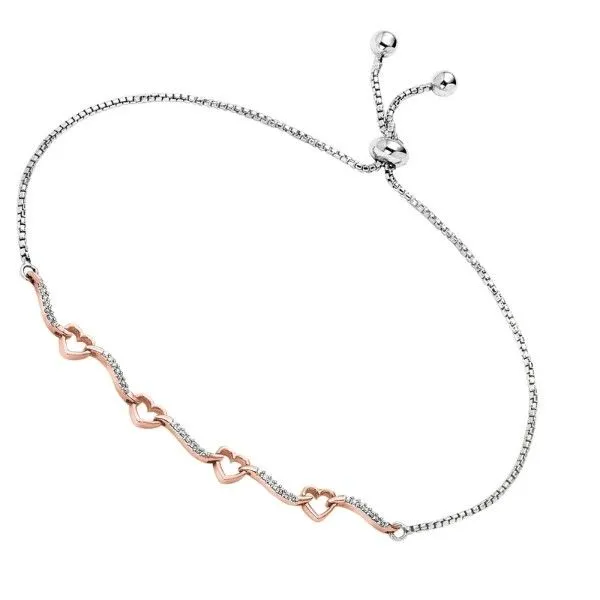 Two-Tone Rose Sterling Silver Heart Bolo Bracelet With Round Diamonds Blocher Jewelers Ellwood City, PA