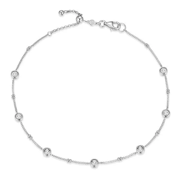 Anklet with Bezel Stations Lab-Created Diamond Beaded Bolo in Rhodium-Plated Sterling Silver, 9