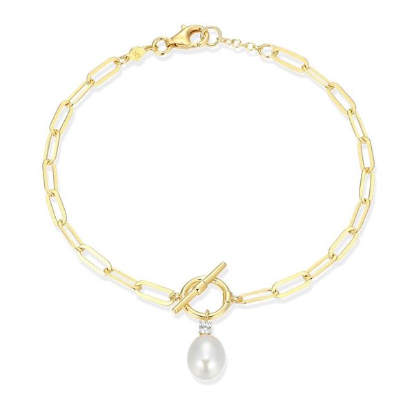 Freshwater Pearl & Lab-Created Diamond Toggle-Look Paperclip Bracelet in 14K Yellow Gold-Plated Sterling Silver,  6.5