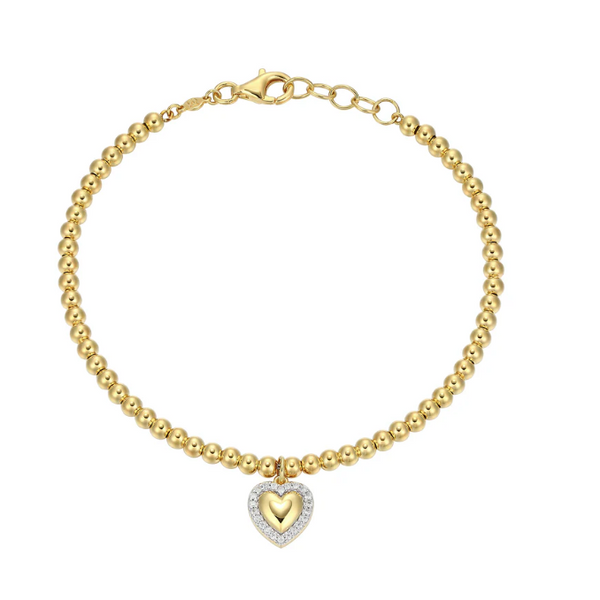 Heart with 1/10ctw Lab-Created Diamond Halo Beaded Bracelet, 14K Yellow Plated Sterling Silver, G-H, SI, 6.5