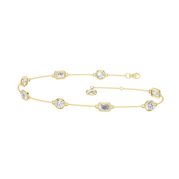 14K YG 2ctw Lab Grown Diamond Station Bezel Set Bracelet, Round + Emerald Cut, with a Dangling Round Bezel Set Diamond on the End, 7