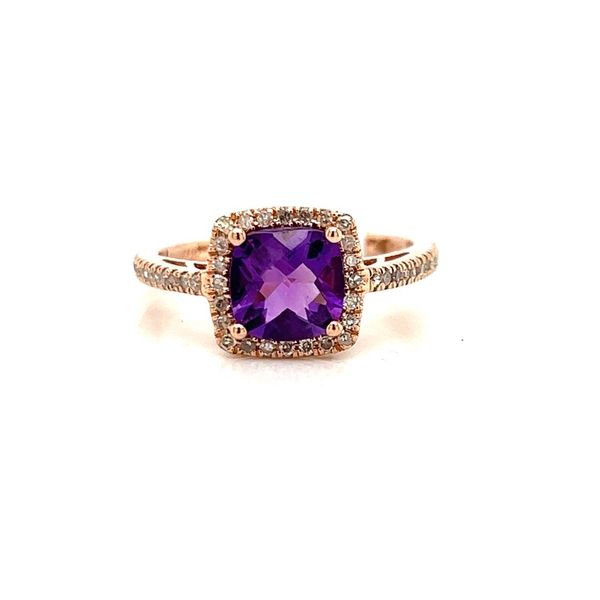 14K Rose Gold Amethyst Ring with Diamond Halo Blocher Jewelers Ellwood City, PA