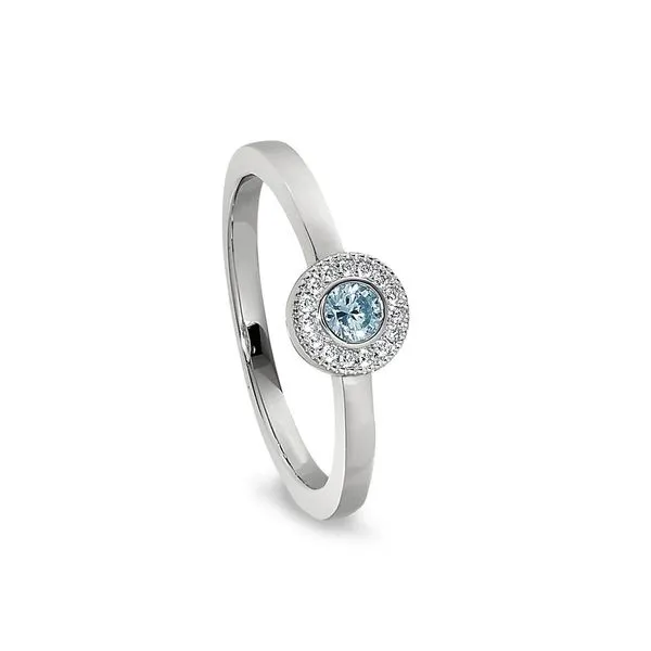 Rhodium Finish Sterling Silver Micropave Round Simulated Aquamarine Ring with Simulated Diamonds Size 7 Blocher Jewelers Ellwood City, PA