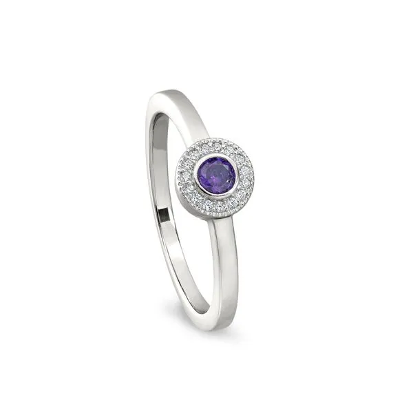 Platinum Finish Sterling Silver Micropave Round Simulated Amethyst Ring with Simulated Diamonds Blocher Jewelers Ellwood City, PA