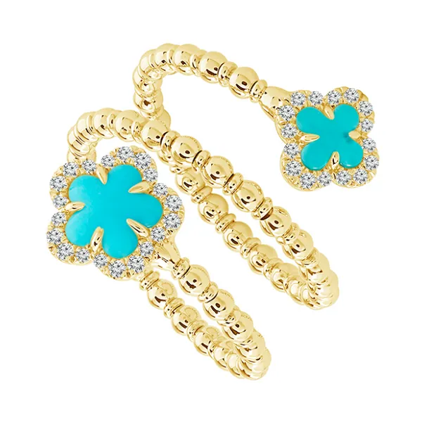 14K Yellow Gold Flexie Ring with Clover Turquoise and Diamonds Blocher Jewelers Ellwood City, PA