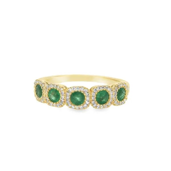14K Yellow Gold 0.18TDW 5 Emerald Stones with Diamond Halos Ring Blocher Jewelers Ellwood City, PA
