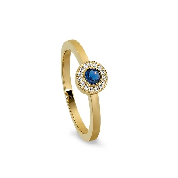 Gold Finish Sterling Silver Micropave Round Simulated Sapphire Ring with Simulated Diamonds Blocher Jewelers Ellwood City, PA