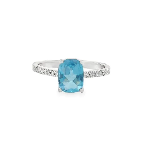 14K White Gold Checkerboard Cut Blue Topaz Ring with 0.08ctw Diamonds, Size 6.75 Blocher Jewelers Ellwood City, PA