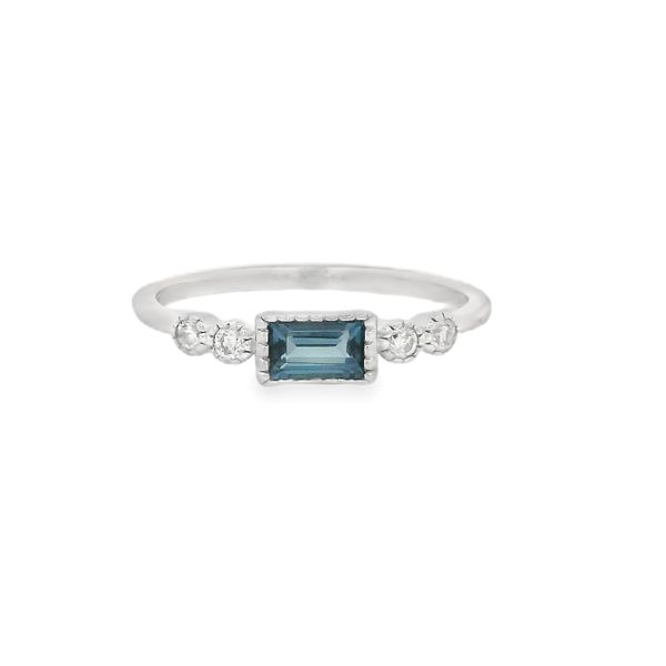 14K White Gold Emerald Cut London Blue Topaz Ring with 0.10ctw Diamonds, Size 7.25 Blocher Jewelers Ellwood City, PA