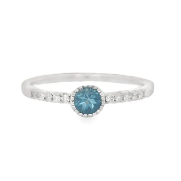 14K White Gold Round Blue Topaz Ring with 0.09ctw Diamonds, Size 7 Blocher Jewelers Ellwood City, PA