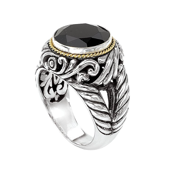 Faceted Black Onyx 18K Yellow Gold & Sterling Silver Ring with Rope and Filigree Detail Size 7 Image 2 Blocher Jewelers Ellwood City, PA
