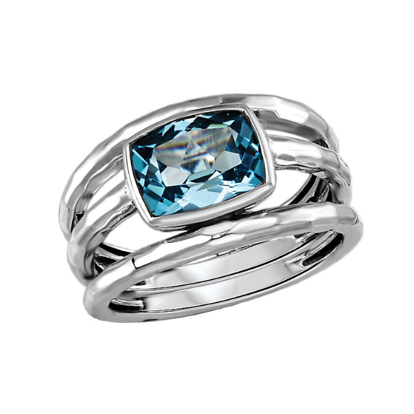 Hammered Sterling Silver with a Blue Topaz Stone in the Center Size 7 Blocher Jewelers Ellwood City, PA