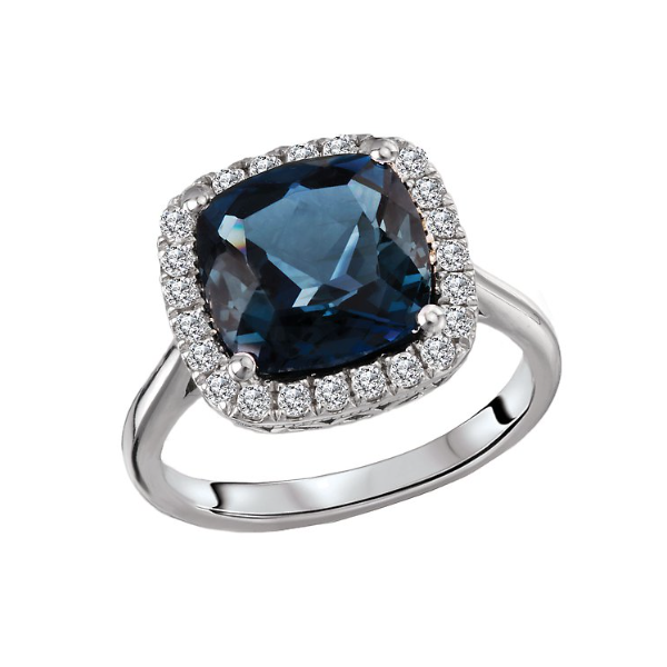 Sterling Silver Ring Has A Halo Of White Topaz Stones Around A Cushion 10 X 10Mm London Blue Tapaz Size 7 Blocher Jewelers Ellwood City, PA